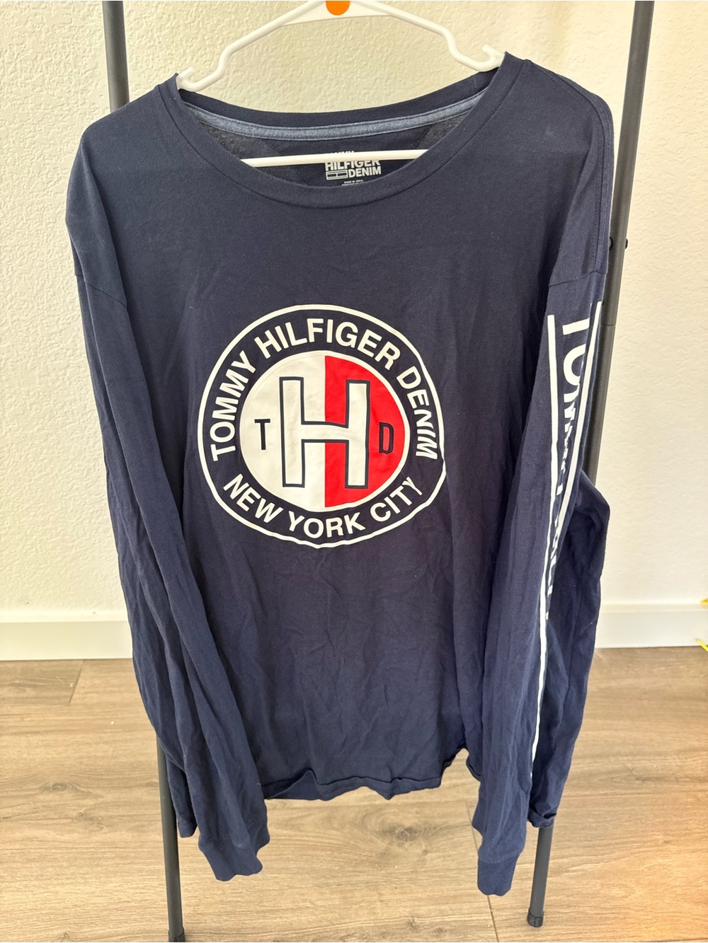 Tommy Hilfiger Navy Long Sleeve Tee with Red & White Logo Patch
